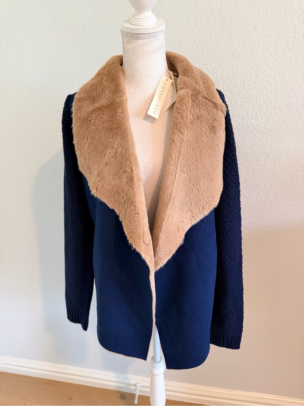 lovestitch Navy Teddy Coat with Camel Faux Fur Collar